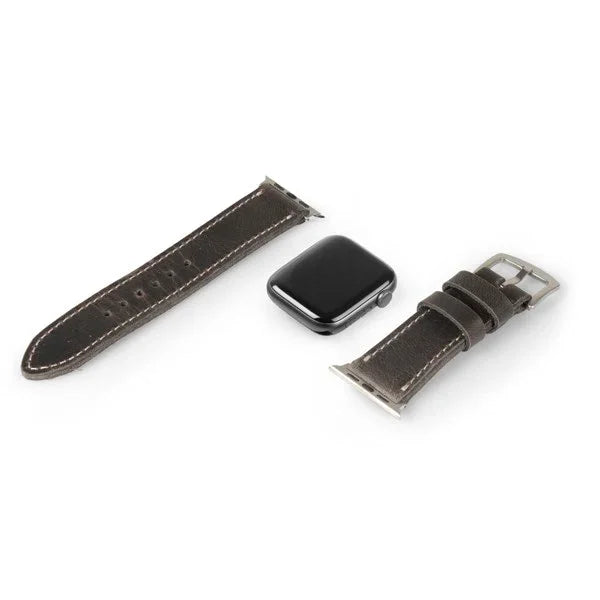 Dark brown leather watch band and smartwatch face on white background