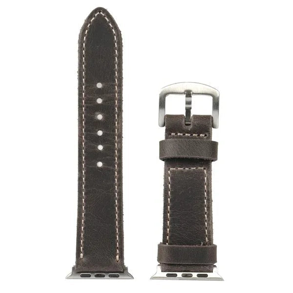 Brown full-grain leather watch strap with silver buckle and white stitching, compatible with smartwatches