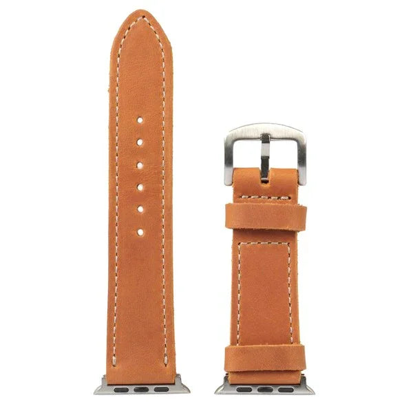 Camel brown full-grain leather Apple Watch strap with silver buckle by Yukon Bags