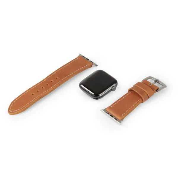 Camel brown full-grain leather Apple Watch strap with stainless buckle by Yukon Bags
