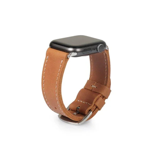 Full-grain leather Apple Watch strap in camel brown with silver buckle, Yukon Bags accessory