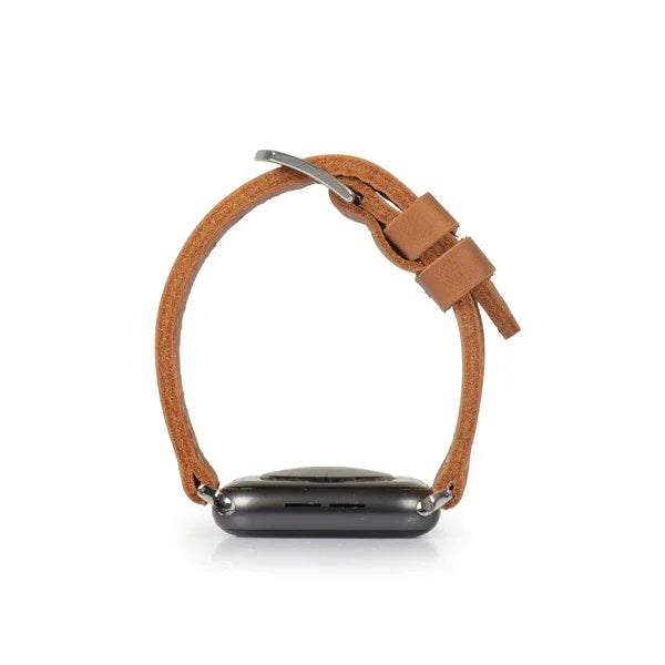 Full-grain camel leather Apple Watch strap with buckle by Yukon Bags, shown on white background.