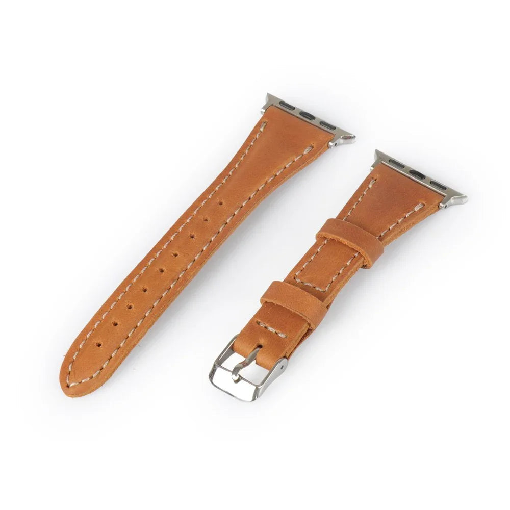 Camel brown leather Apple Watch strap with silver buckle and white stitching on white background