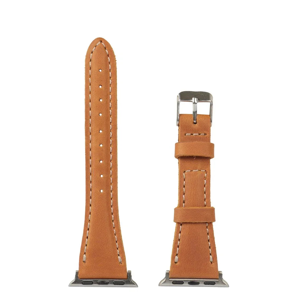 Camel brown leather Apple Watch strap with silver buckle and stitching, shown on white background.