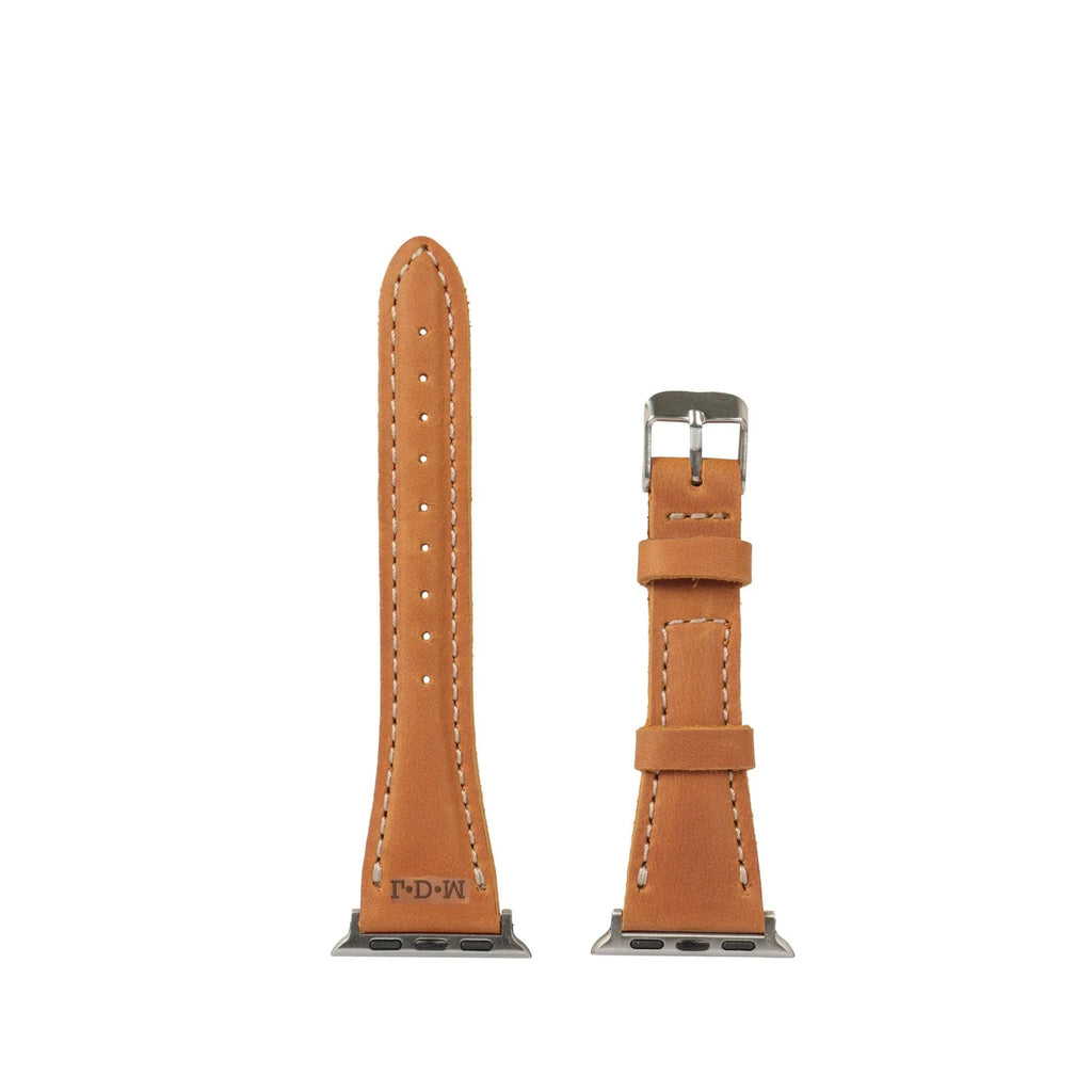 Handcrafted tan leather Apple Watch strap with white stitching and silver buckle