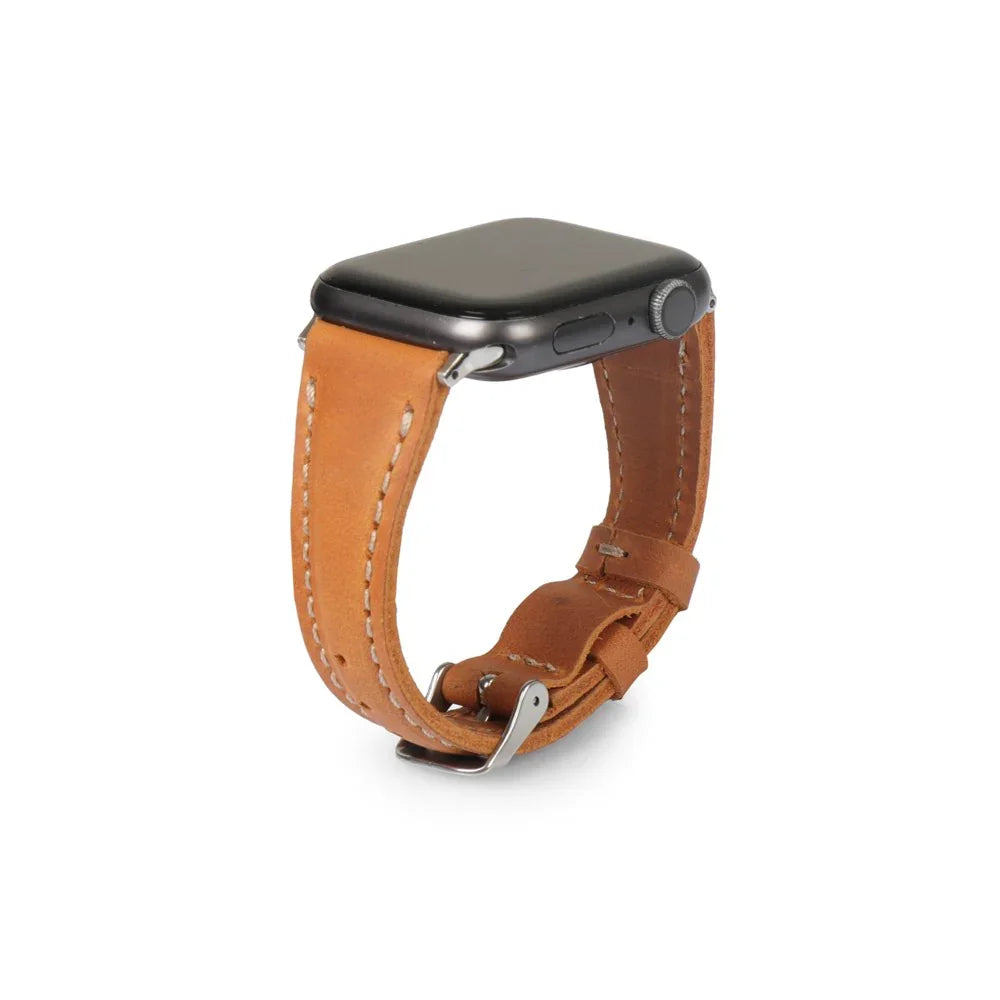 Brown full-grain leather Apple Watch strap with stainless steel buckle on white background