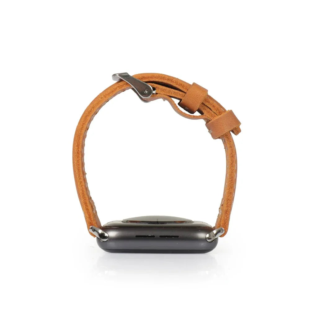 Camel brown leather Apple Watch strap with stainless steel buckle on white background