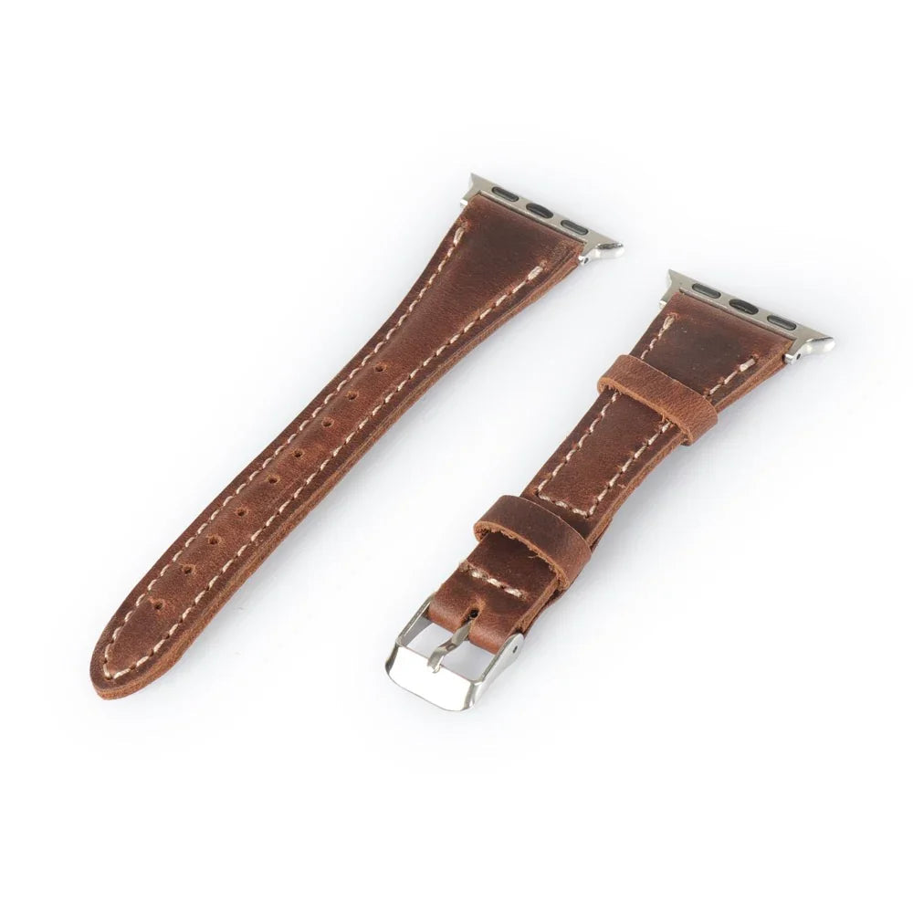 Full-grain tan leather Apple Watch strap with stainless steel buckle, white stitching