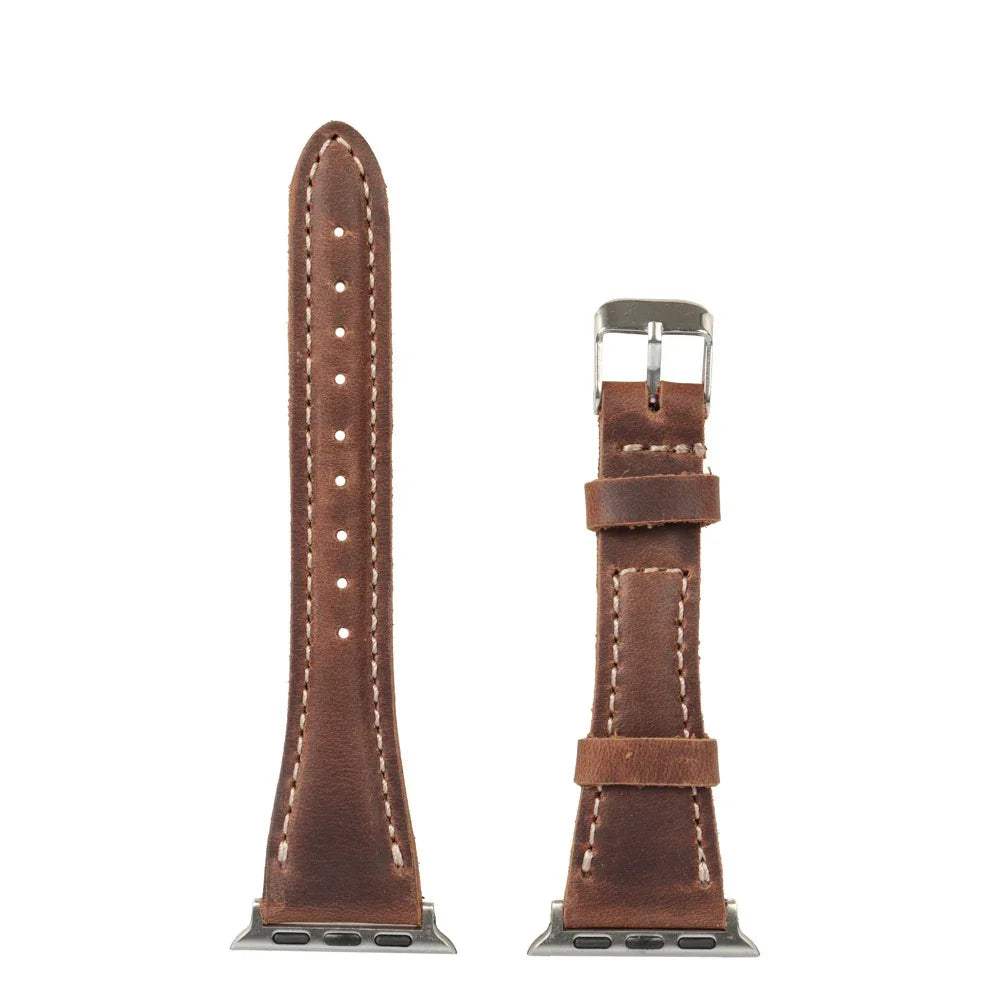 Tan leather Apple Watch strap with stitching, silver buckle, and adapters, front and back view