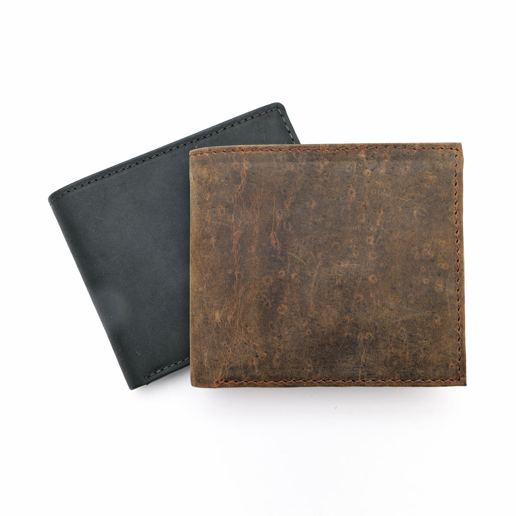 Two leather wallets on white background, one black and one brown. 