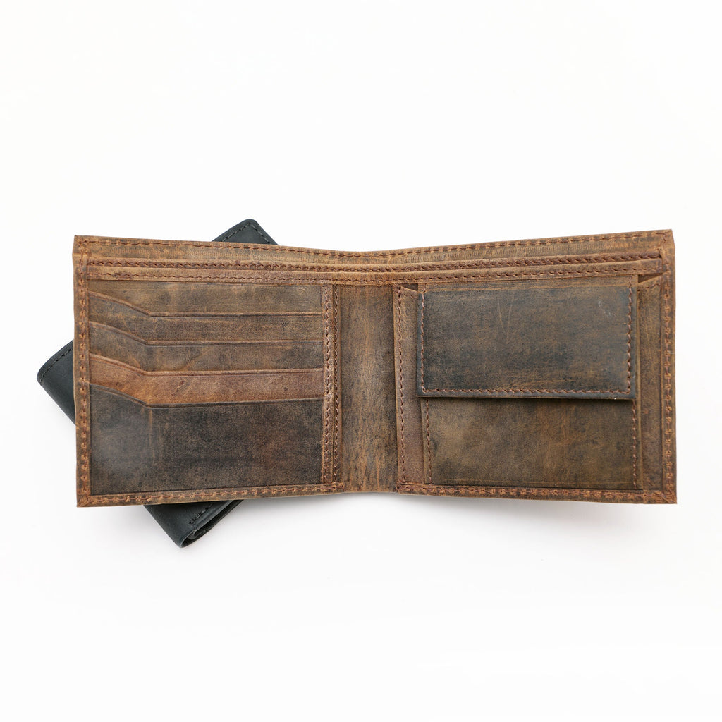 Two leather wallets on white background, with one open to show card holders. 